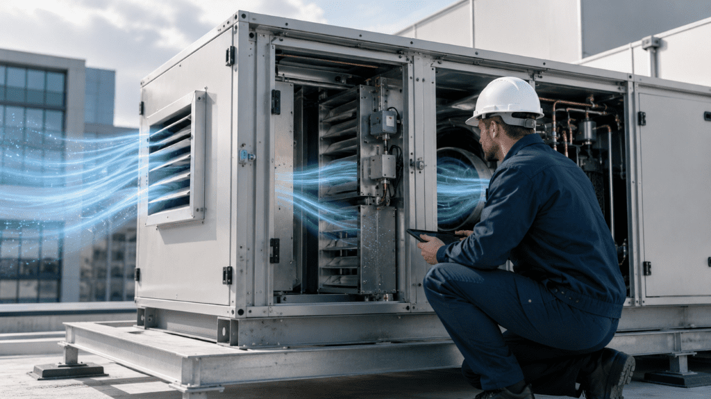 Commercial HVAC technician inspecting rooftop air conditioning unit.