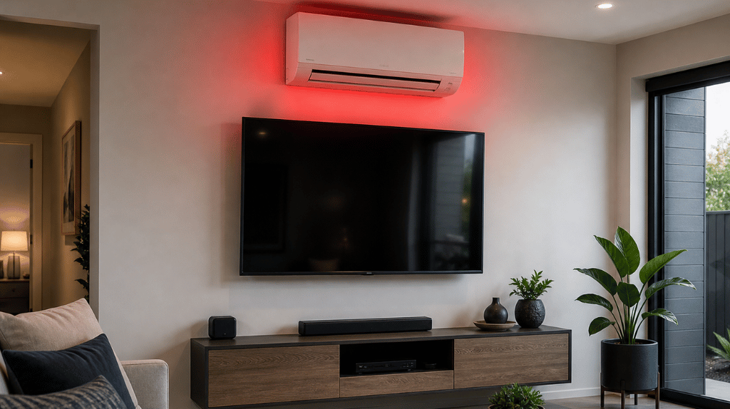 Air conditioner placed incorrectly over a TV. 