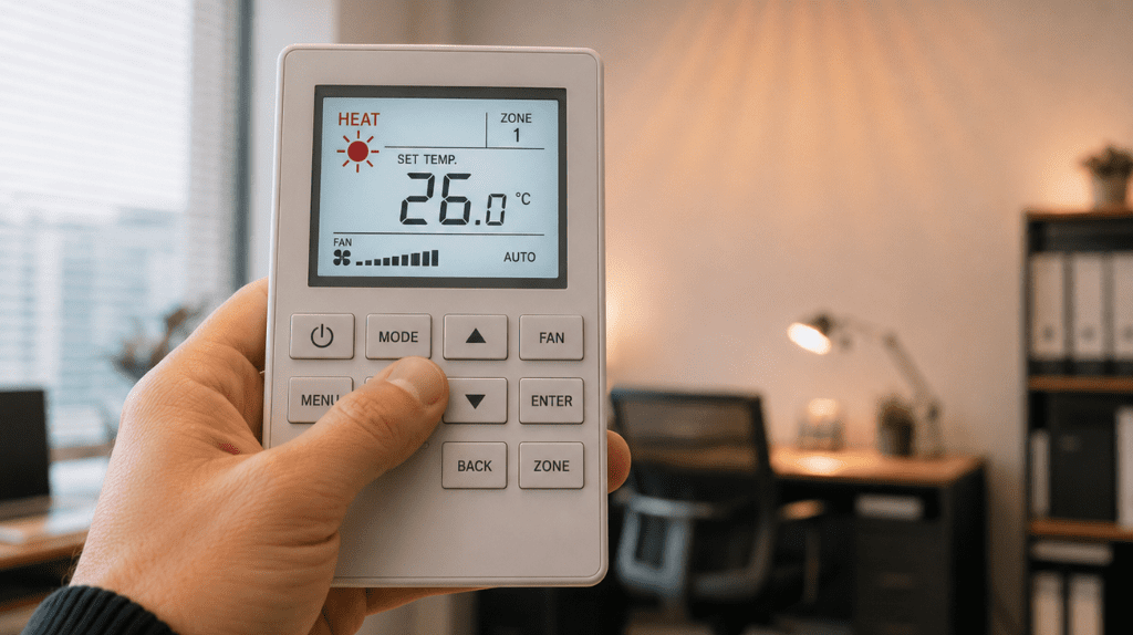 Commercial air conditioner controller set to heat mode.