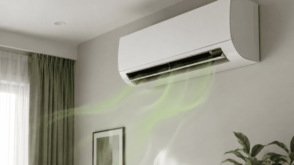 Wall mounted air conditioner in a home with a visual representation of air con smells coming from out the vent. 