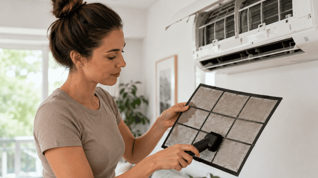 Homeowner cleaning a split system air conditioner filter